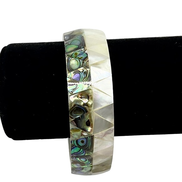 Handcrafted Coral & Abalone Shell Bangle Bracelet - Picture 1 of 4